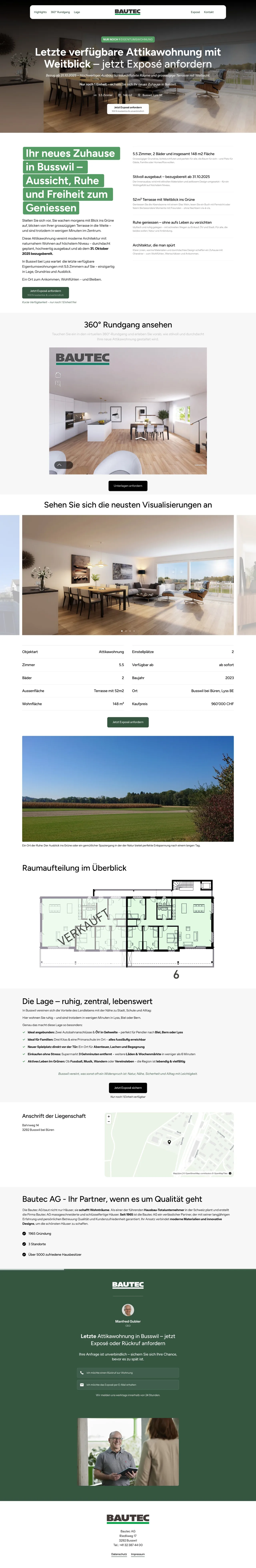 Immobilien-Landingpage von BAUTEC AG für eine Attikawohnung in Busswil bei Lyss