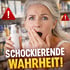 Ältere Frau mit überraschtem Gesichtsausdruck und Hand vor dem Mund, hält weiße Kosmetikflasche, mit Text "SCHOCKIERENDE WAHRHEIT!"