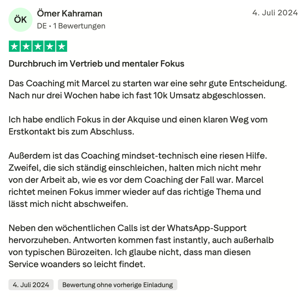 Trustpilot-Rezension von Ömer Kahraman