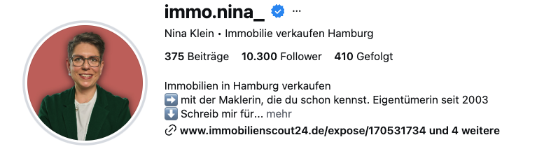 Instagram-Profil von Nina Klein, Immobilienmaklerin in Hamburg