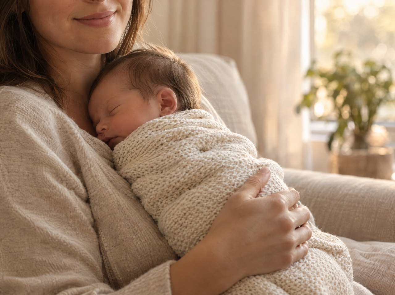 KI-generiertes Bild: Mutter hält ihr schlafendes Baby an der Brust, eingehüllt in eine Strickdecke