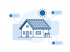 Haus mit Photovoltaikanlage auf dem Dach, Stromspeicher und Sonne in blauem Liniendesign mit Infoboxen.