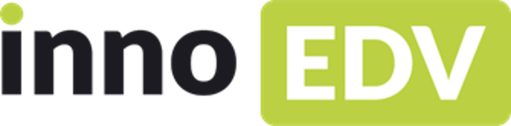 inno EDV Logo mit dunkelgrünem Hintergrund und hellgrüner EDV Box.