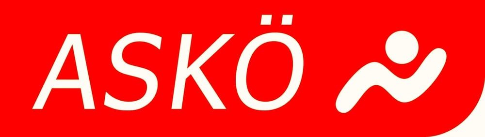 ASKÖ-Logo mit weißem Schriftzug und stilisierter Figur auf rotem Hintergrund.