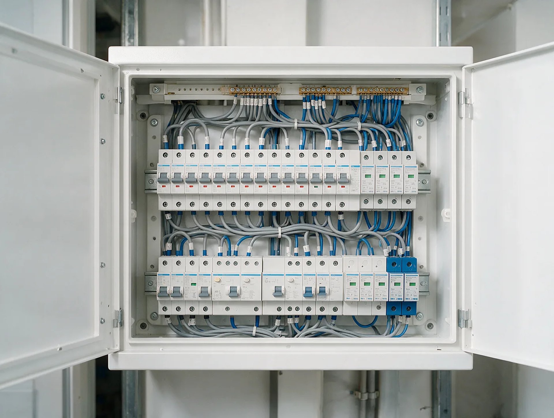 Moderner Zählerschrank mit sauber verdrahteter Elektroinstallation