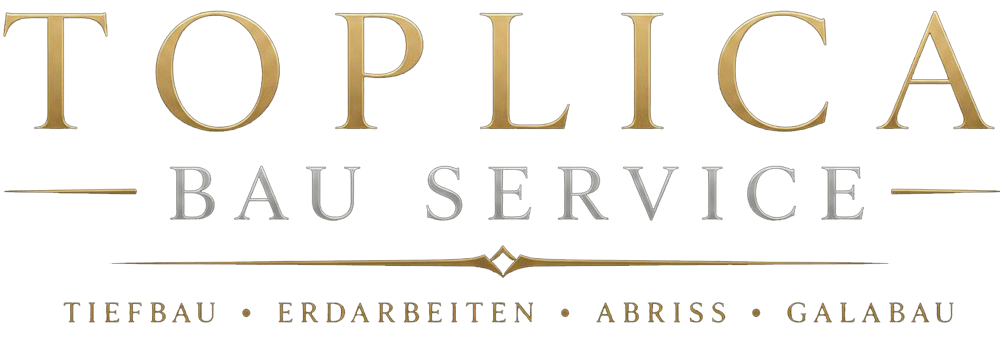 TOPLICA BAU SERVICE Logo mit den Stichworten Tiefbau, Erdarbeiten, Abriss, Galabau.