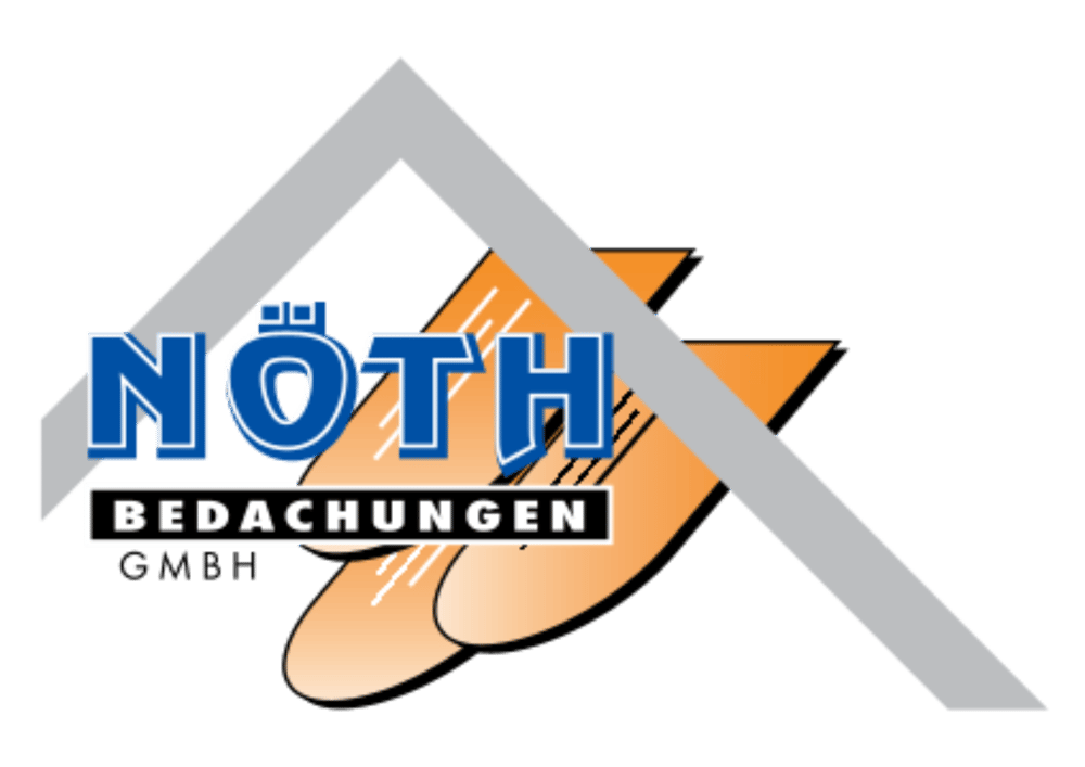 Blaues "NÖTH" Logo mit "BEDACHUNGEN GMBH" darunter, überlappt von einem stilisierten grauen Dach.