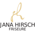 Logo: Goldene, geschwungene Initiale "jh" über dem Text "JANA HIRSCH FRISEURE" in Dunkelgrün auf grünem Hintergrund.