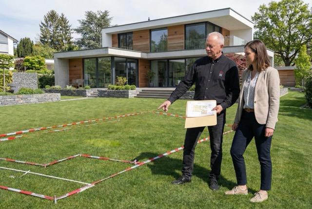 Peter Hartmann bespricht mit einer Kundin die Situation vor Ort