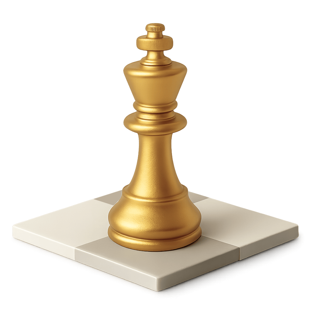 Eine goldene Schachfigur, ein König, steht auf einem hellen und dunklen Schachbrett.