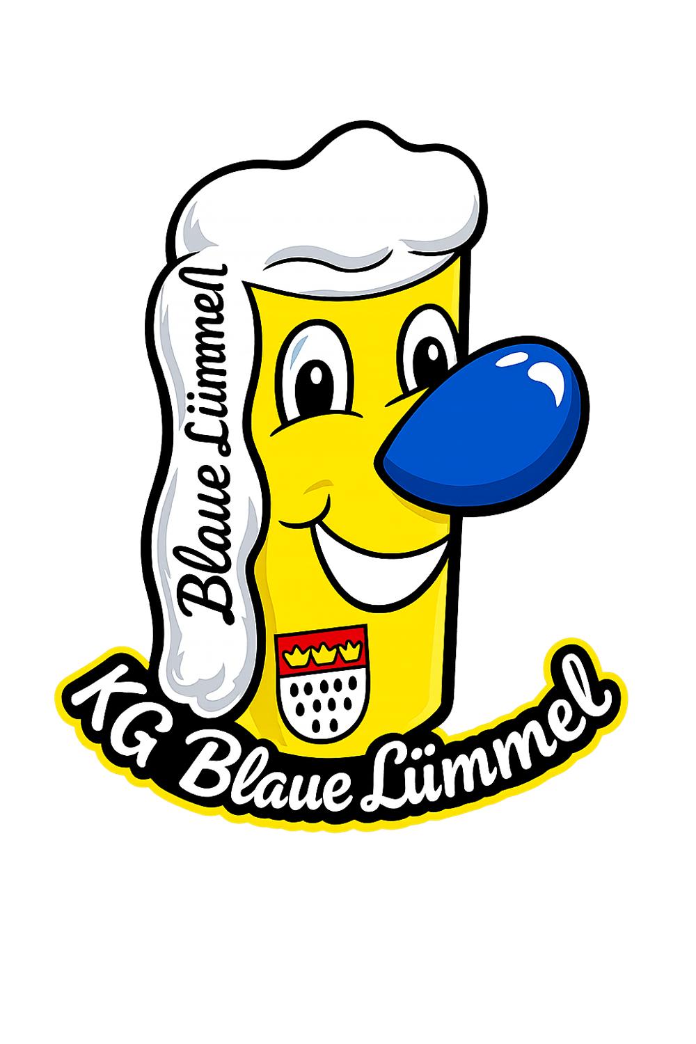 Logo der KG Blaue Lümmel mit lachendem Bierglas-Maskottchen, blauer Nase und Kölner Wappen auf schwarzem Grund.