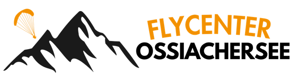 Logo: Schwarze Berge und orangefarbener Gleitschirm links, Text "FLYCENTER OSSIACHERSEE" rechts.