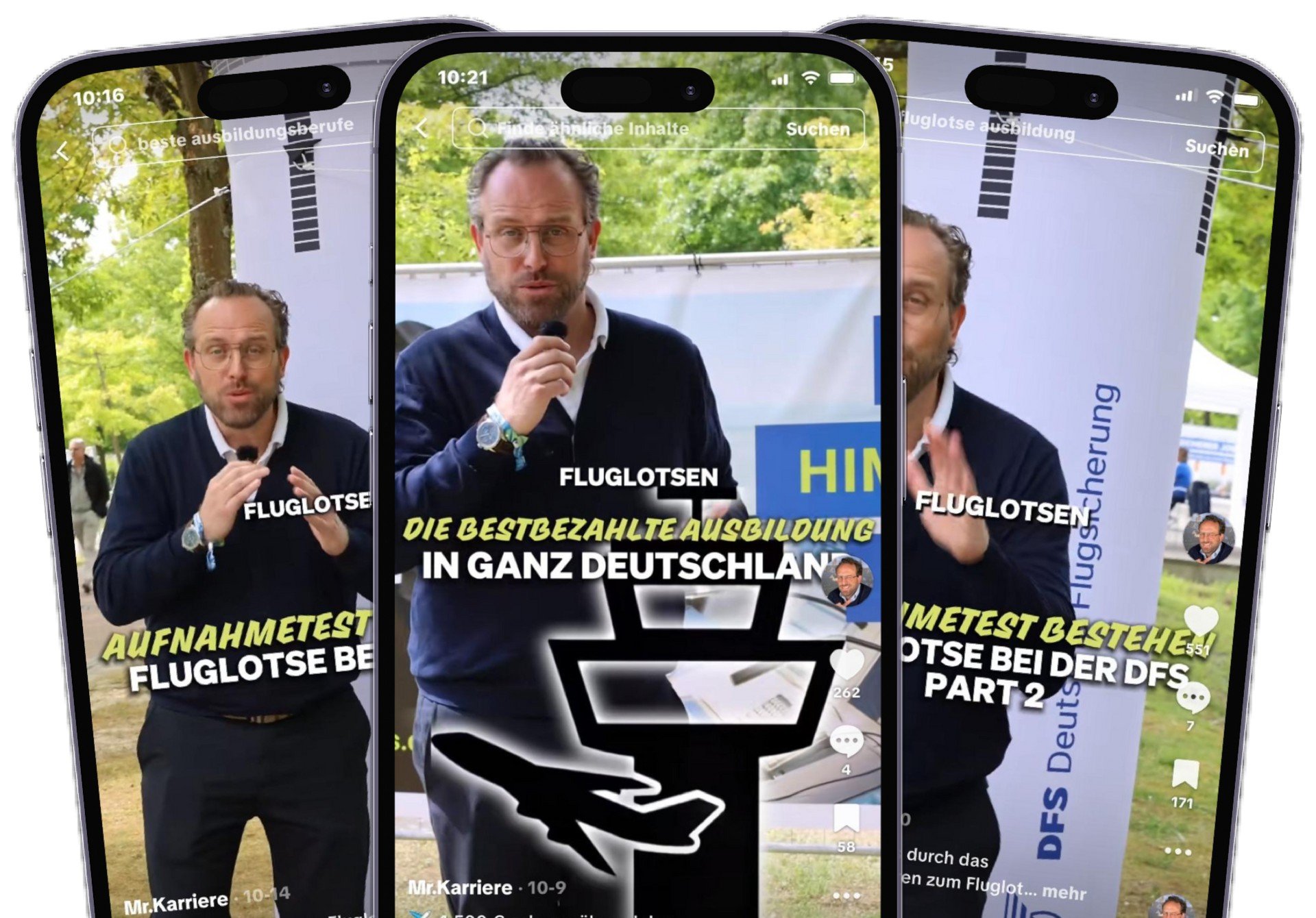 Drei Videos der Deutsche-Flugsicherung-Kampagne auf Smartphones