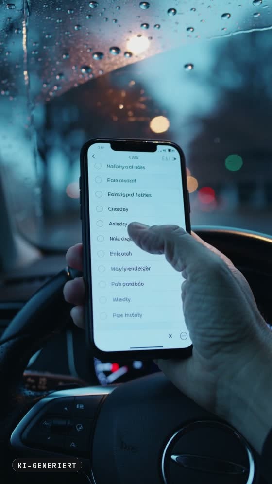 Hand am Handy, Regen auf der Scheibe