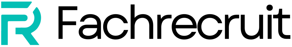 Logo der Marke Fachrecruit, in Türkis und Schwarz auf dunkelgrünem Hintergrund.