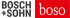 Logo: "BOSCH + SOHN" in Schwarz auf Grün, "boso" in Weiß auf Rot.