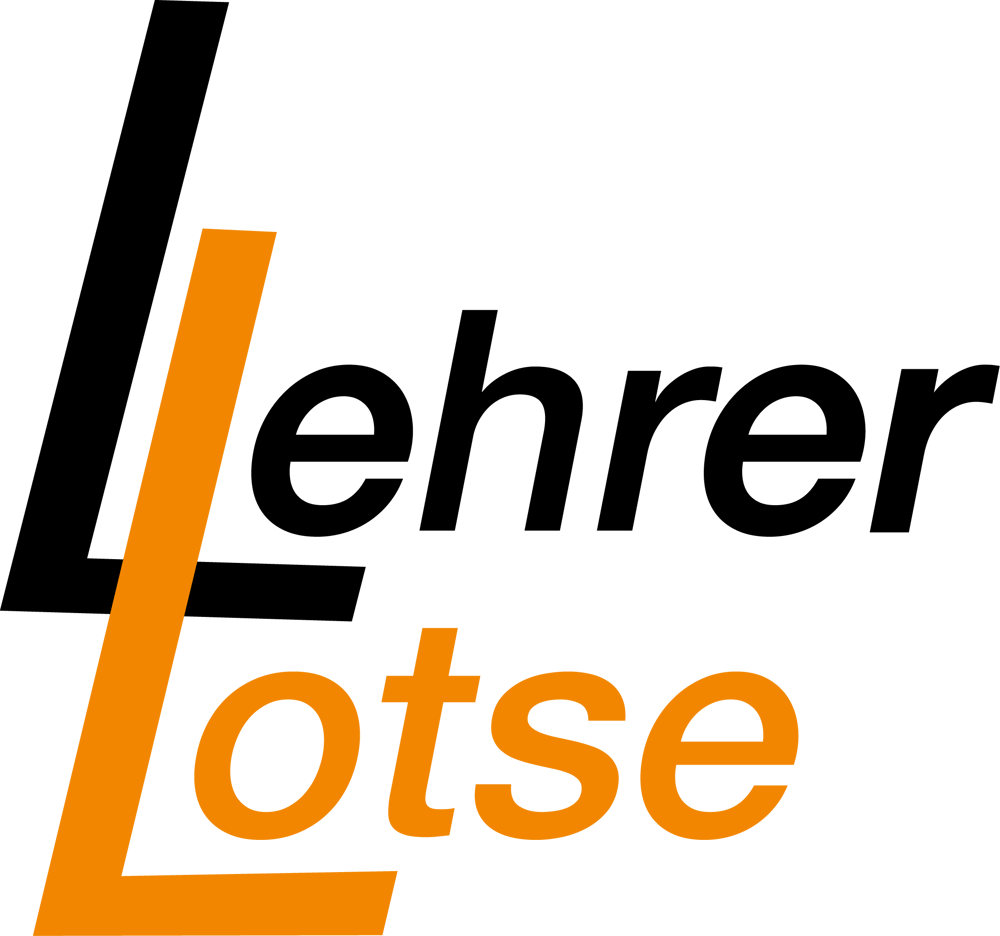 Logo mit "Lehrer" in Schwarz und "Lotse" in Orange, einem großen, schwarzen "L" und einem orangefarbenen "L".