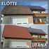 Before and after comparison of a house roof, with dirty tiles and then clean, red tiles and solar panels.
