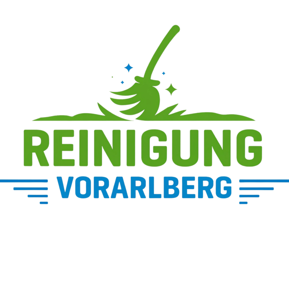 Grüner Besen mit Glitzer und dem Text "REINIGUNG VORARLBERG" in Grün und Blau.