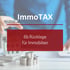 Eine Person hält einen Stift über ein Modellhaus, mit den Texten "ImmoTAX" und "Stiftung gründen".