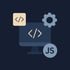 Computerbildschirm mit Code-Symbolen, einem Zahnrad und einem Kreis mit "JS" für JavaScript.