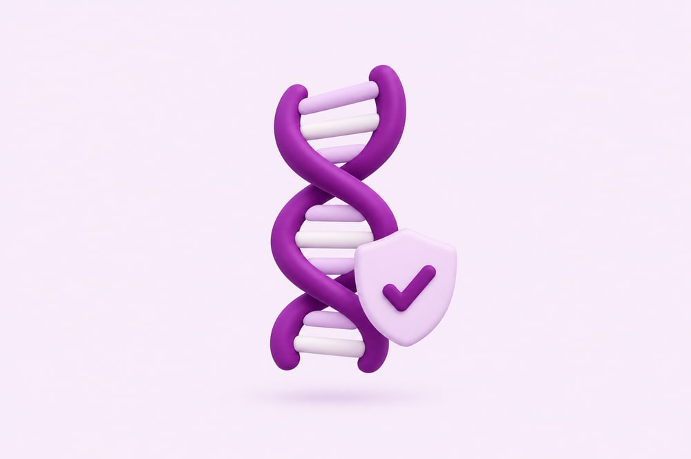 Illustration: DNA-Doppelhelix und Schild mit Haken