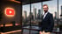 Ein lächelnder Mann im Sakko steht in einem modernen Büro mit YouTube-Logo an der Wand und Blick auf die Frankfurter Skyline.