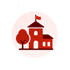 Rote Silhouette eines Schulgebäudes mit Turm, Flagge und Baum in einem weißen Kreis auf schwarzem Hintergrund - Software für Stabsarbeit - Notfall- und Krisenmanager (NKM®).