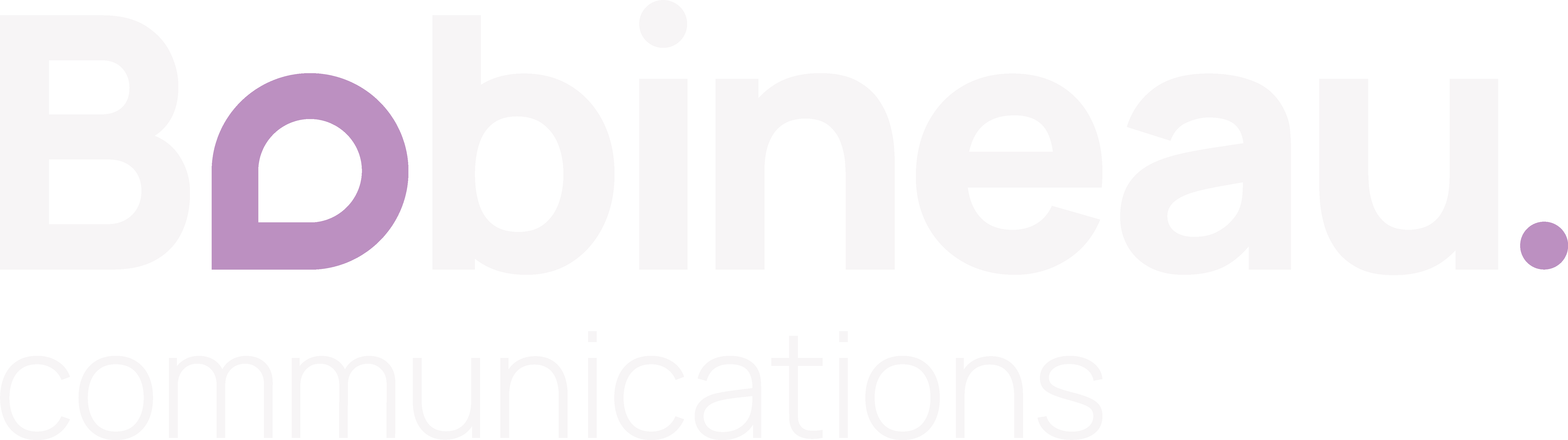 Bobineau. Communications-Logo mit lila "o" und Punkt am Ende, weißer Text auf schwarzem Hintergrund.