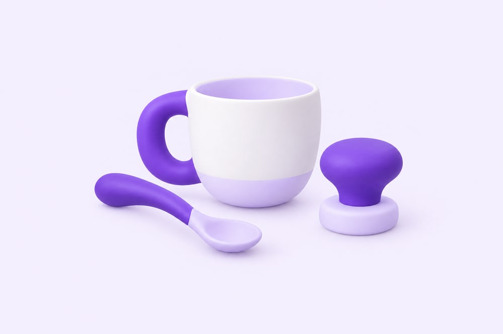Illustration: Tasse mit Griffhilfe, gebogener Löffel und Knauf