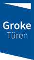 Blaues Rechteck mit weißem Text „Groke Türen“ und grünen Dreiecken in den Ecken.