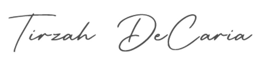 The text "Tirzah DeCaria" in a grey script font on a dark green background.