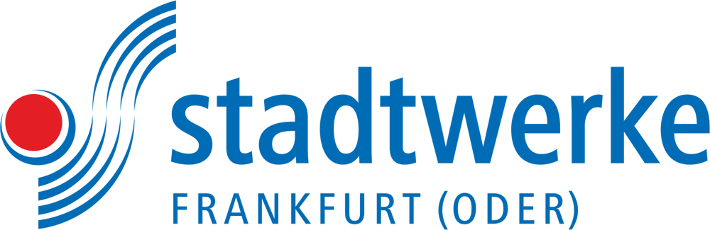 Logo der Stadtwerke Frankfurt (Oder) mit rotem Punkt und blauen Linien, dazu der Schriftzug "stadtwerke FRANKFURT (ODER)".