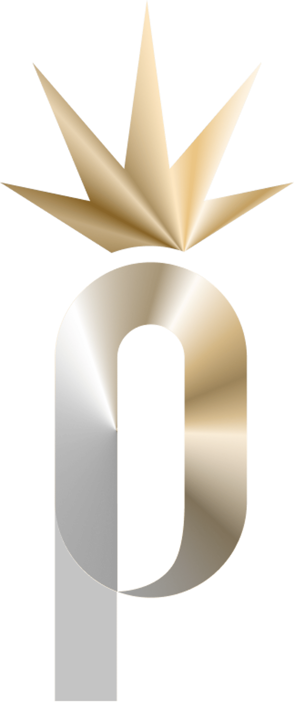 Goldene Krone über einem stilisierten Buchstaben "P" mit Farbverlauf von Silber zu Gold.