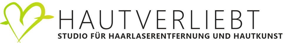 Logo Hautverliebt Studio für Haarlaserentfernung und Hautkunst mit grünem Herz-Symbol auf schwarzem Hintergrund.
