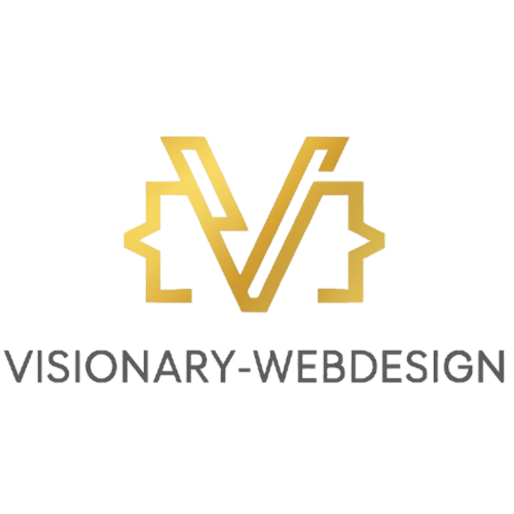 Goldenes Logo mit stilisiertem "M" und geschweiften Klammern, darunter der Text "VISIONARY-WEBDESIGN".