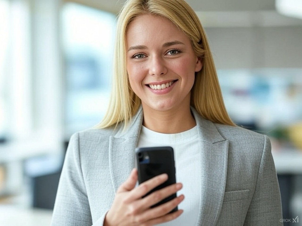 Lächelnde blonde Frau im grauen Business-Sakko hält ein schwarzes Smartphone in einem hellen Büro.