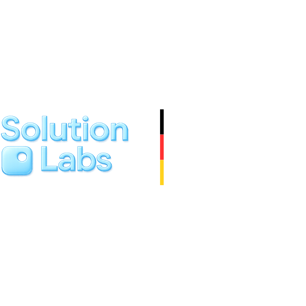 Blauer 3D-Text "Solution Labs" mit einem Quadrat und einem Punkt als Logo.