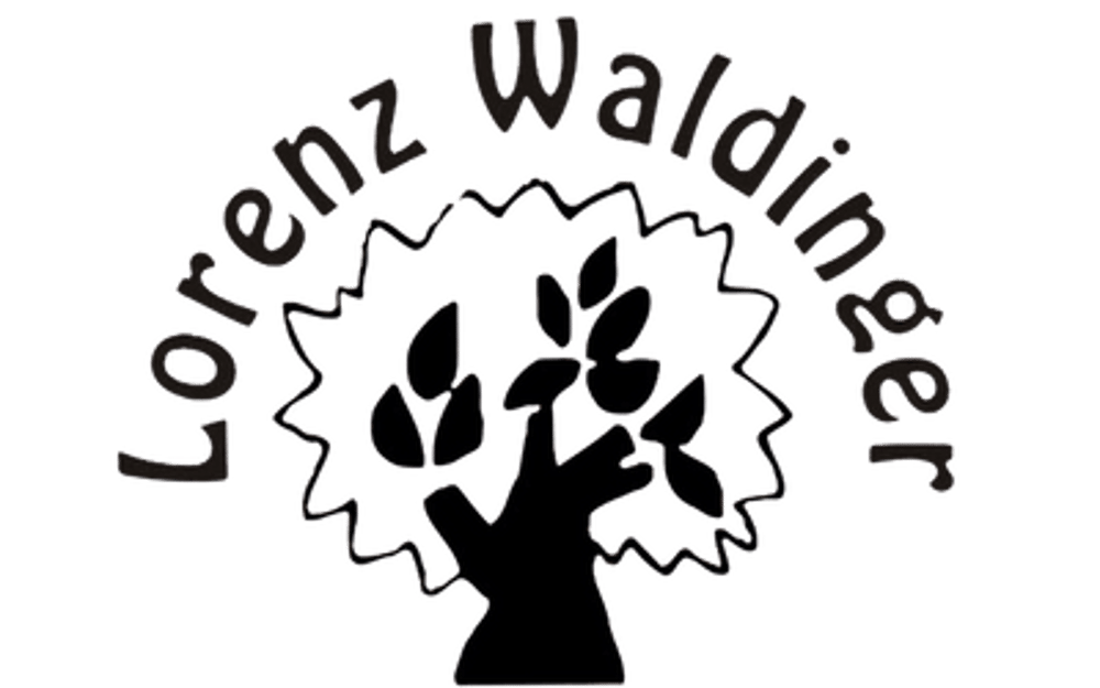 Schwarzer Baum mit gezackter Krone und Text "Lorenz Waldinger" darüber in einem Bogen.