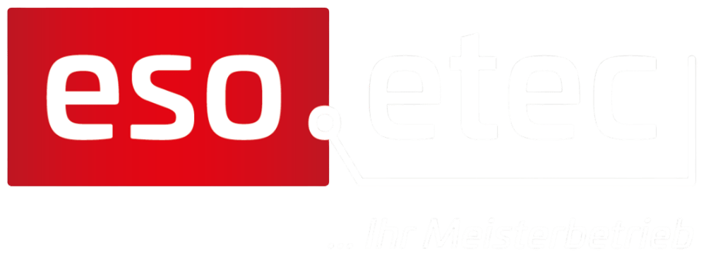eso.etec Logo, mit rotem Hintergrund für "eso" und einer Linie mit Punkt, die zu "etec" führt, darunter steht "...Ihr Meisterbetrieb".