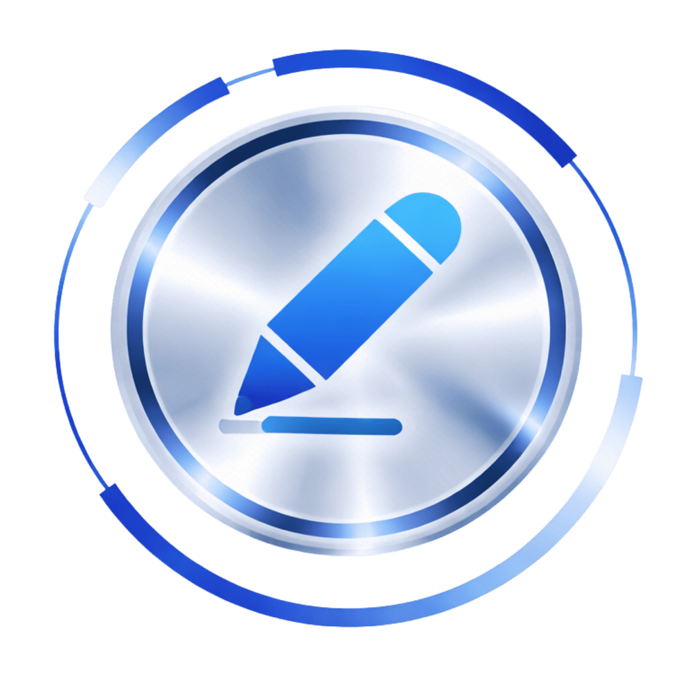 Silberner runder Knopf mit blauem Stiftsymbol und blauer Umrandung.