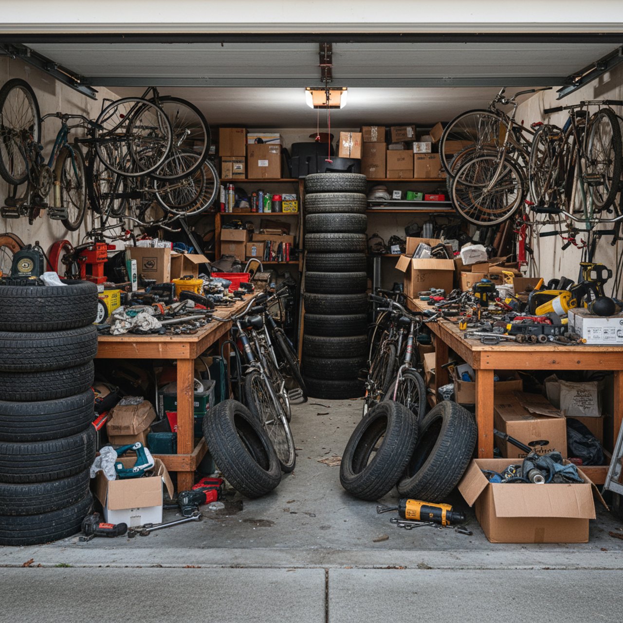 Volle Garage mit Altreifen, Werkzeug und Kartons vor der Entrümpelung in Bielefeld