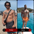 Zwei Bilder eines Mannes, links vor dem Abnehmen am Strand, rechts nach dem Abnehmen im Meer.
