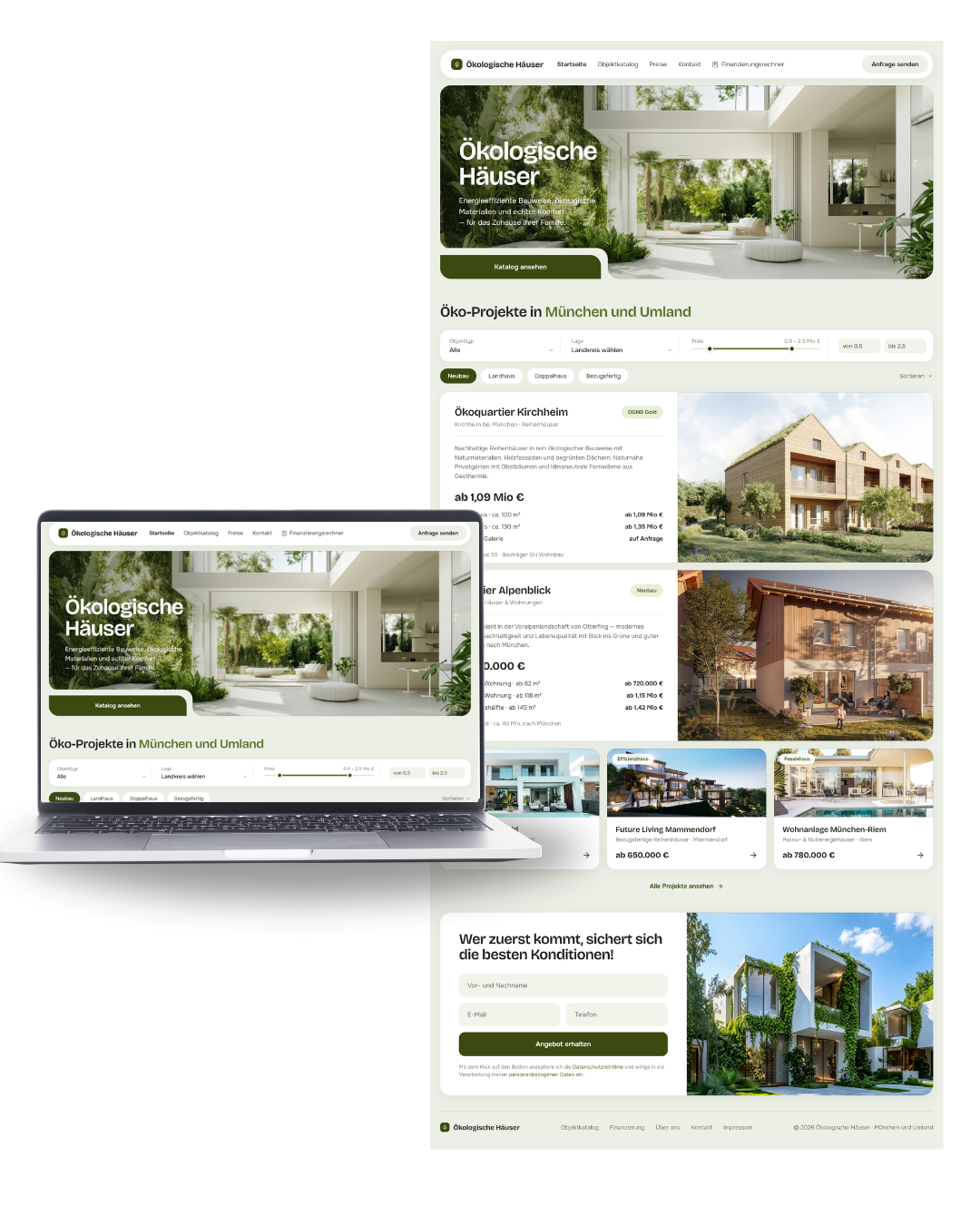 Ökologische Häuser: Laptop und Landingpage