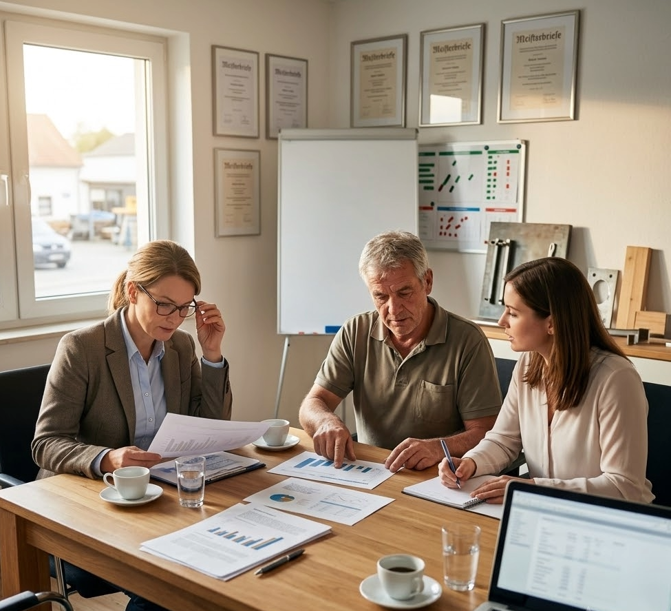 Review-Meeting zwischen HR und Betriebsleitung im Konferenzraum.