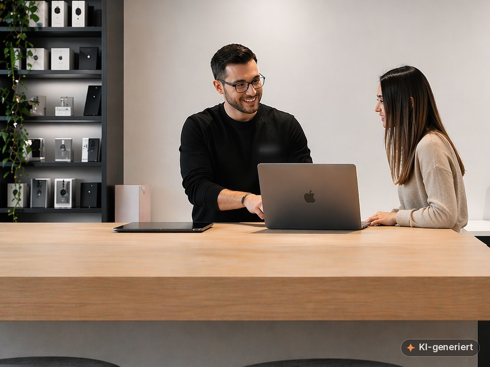 Beratungsgespräch am Tresen: ein Mitarbeiter zeigt einer Kundin etwas am MacBook