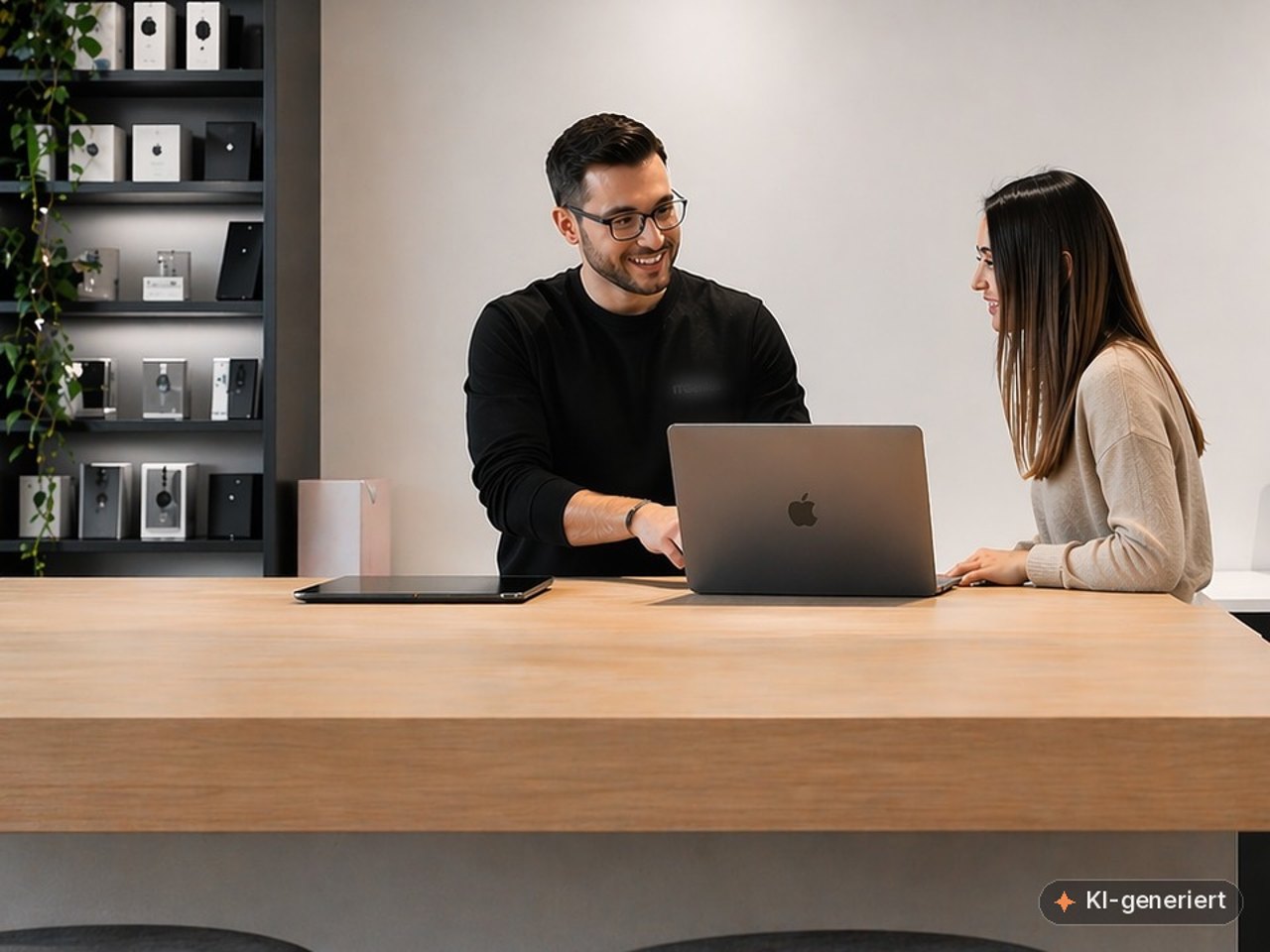 Beratungsgespräch am Tresen: ein Mitarbeiter zeigt einer Kundin etwas am MacBook