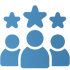 Drei blaue Silhouetten von Personen mit drei Sternen darüber.