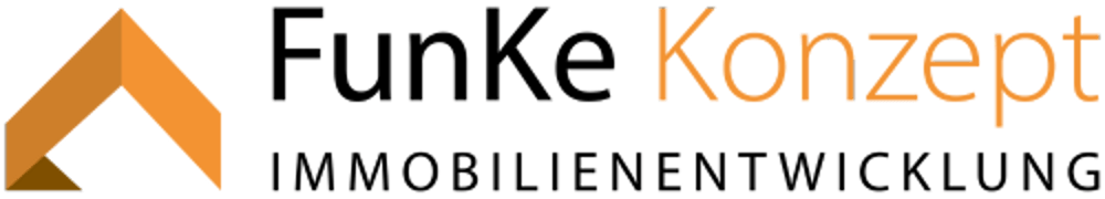 Logo mit orangefarbenem Dachsymbol und Text "Funke Konzept Immobilienentwicklung" auf grünem Hintergrund.