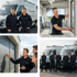 Vier Bilder: Zwei Männer vor Lieferwagen; Mann stellt Fenster ein; Mann erklärt Rollladen; Fünf Männer vor Lieferwagen.